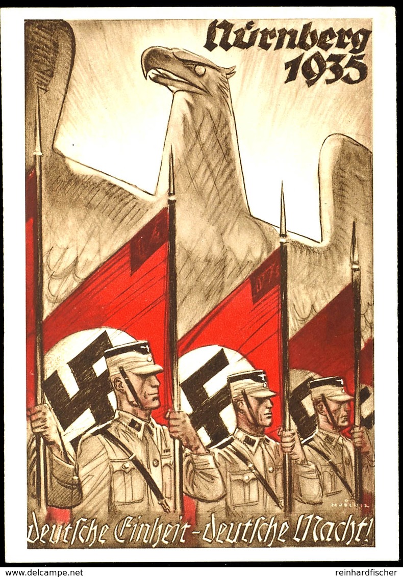 1935, Reichsparteitag Nürnberg "deutsche Einheit - Deutsche Macht!", Farbige Propagandakarte Mit Entsprechender 6 Pfg So - Sonstige & Ohne Zuordnung
