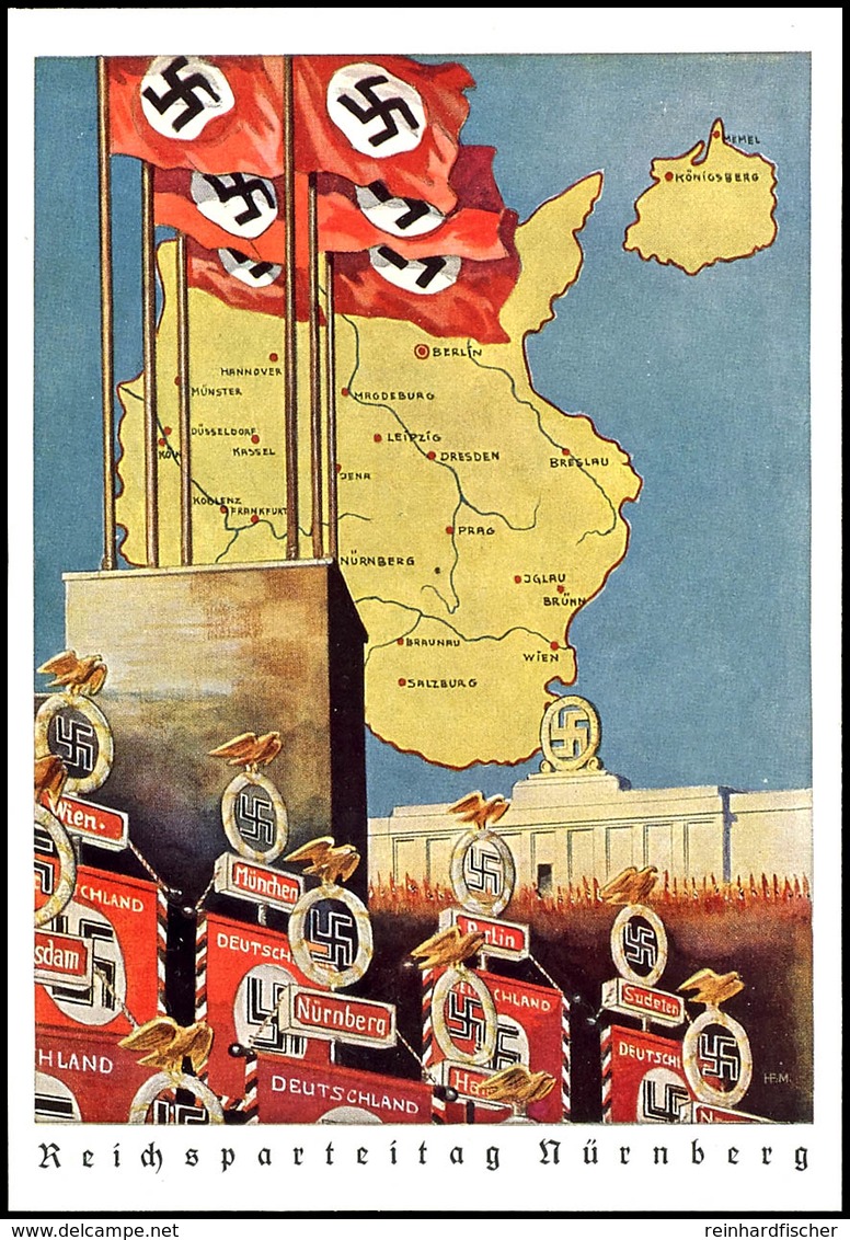 1939 Reichsparteitag Nürnberg, Motiv "Fahnen Vor Landkarte", Color Prachtkarte Aus Andruckbogen Zum Wegen Kriegsbeginn N - Altri & Non Classificati
