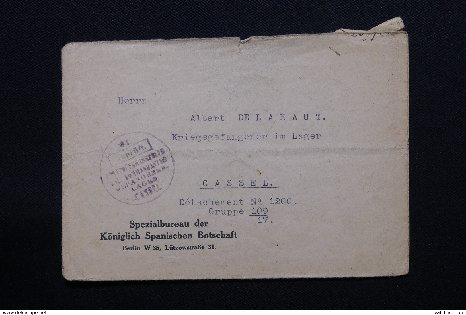 BELGIQUE - Enveloppe De Berlin Pour Le Camp De Prisonniers Belge à Cassel  - L 27927 - Kriegsgefangenschaft