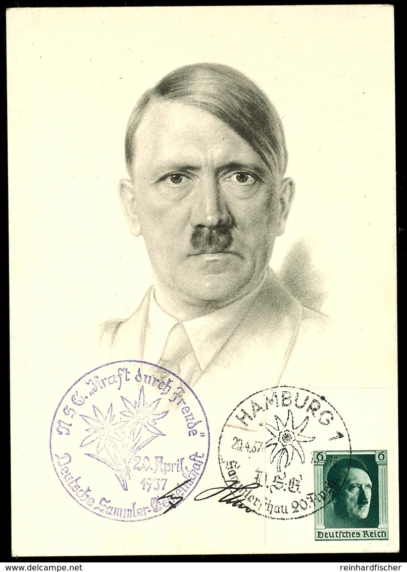 1937, Adolf-Hitler, S/w KDF-Portraitkarte Nach Einer Zeichnung V. E. Denzel, Vorderseitig 6 Pfg Hitler Blockeinzelmarke  - Sonstige & Ohne Zuordnung