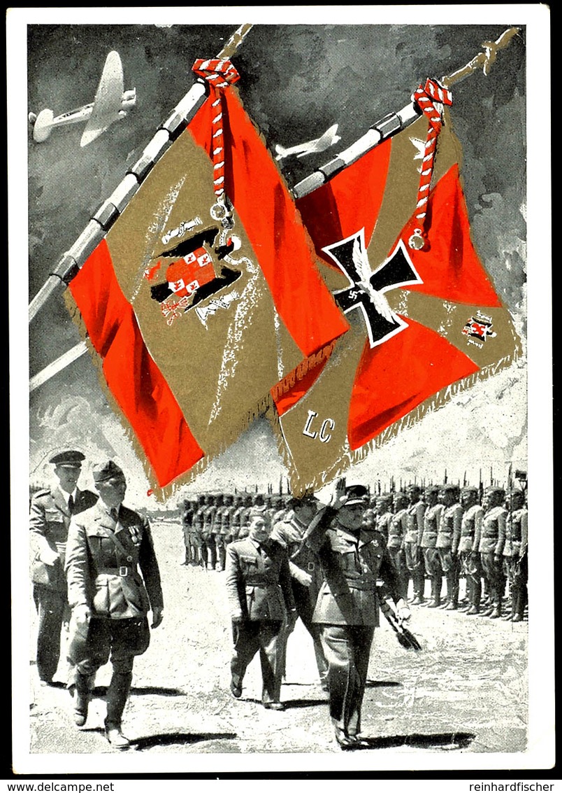 1939, Legion Condor, Farbige Propagandakarte Mit Bild Von Diktator Franco Unter Den Kriegsfahnen Der Beiden Länder, Fran - Sonstige & Ohne Zuordnung