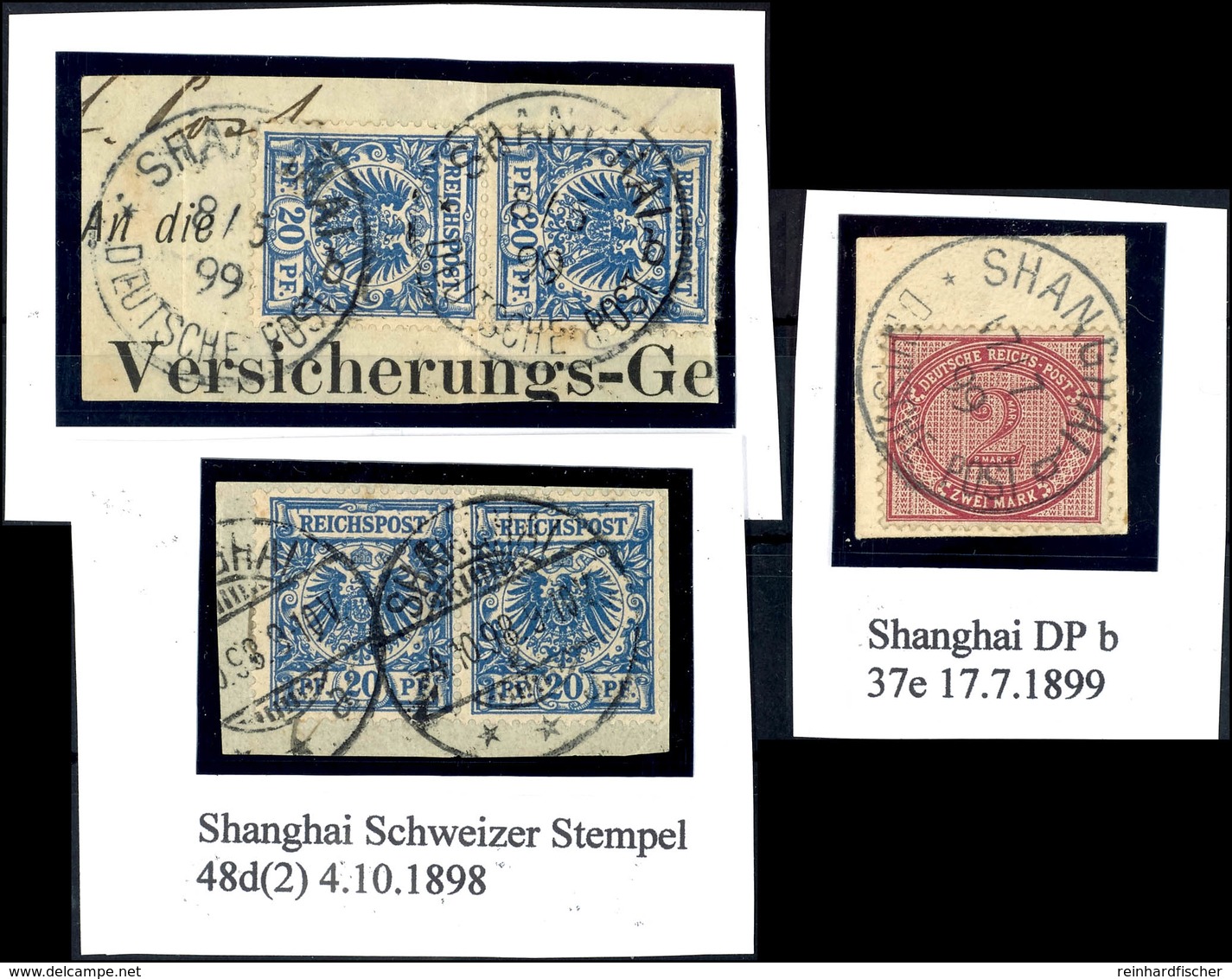2 Mark Und 2 Werte 20 Pf. Auf Briefstück Mit Stempel SHANGHAI B, Sowie 2 Werte V 48d Mit "Schweizer Stempel" SHANGHAI A  - China (offices)
