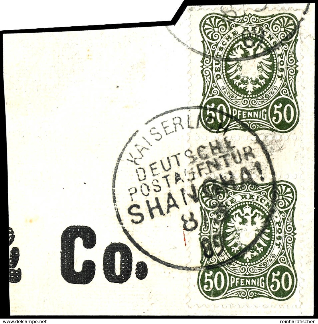 50 Pfennig In D-Farbe, Senkrechtes Zwischenstegpaar Mit  Entwertung "KAISERLICH DEUTSCHE POSTAGENTUR SHANGHAI 8/3 99" Au - Deutsche Post In China