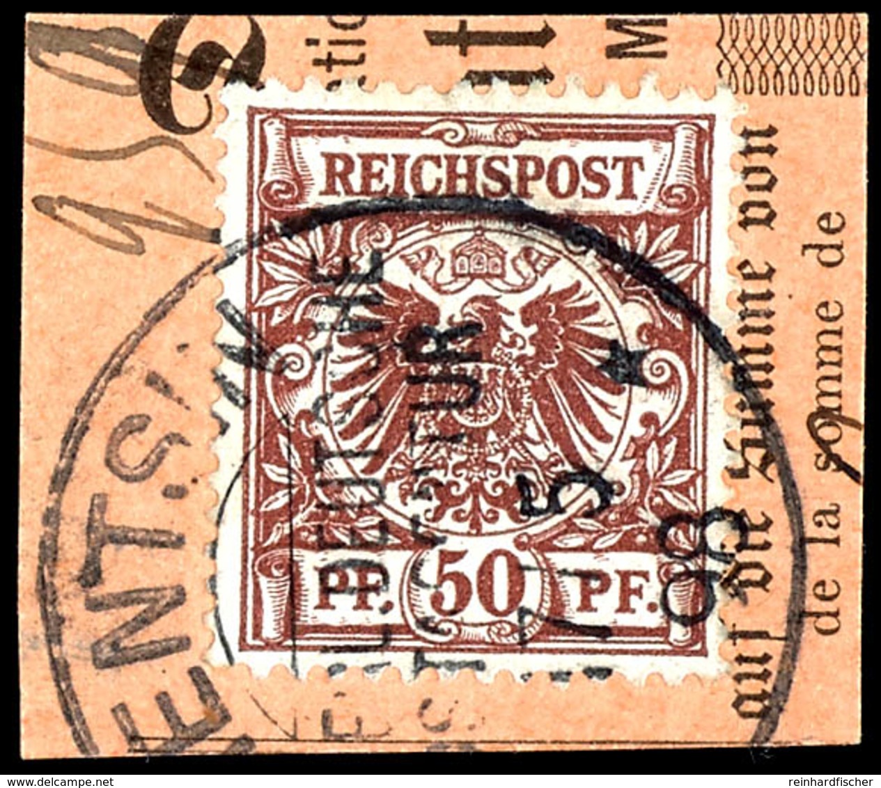 50 Pfg Krone/Adler, Gestempelt "TIENTSIN 17.5.98" Auf Postanweisungsausschnitt, Tadellos, Mi. 400.-, Katalog: M50d BS - Deutsche Post In China