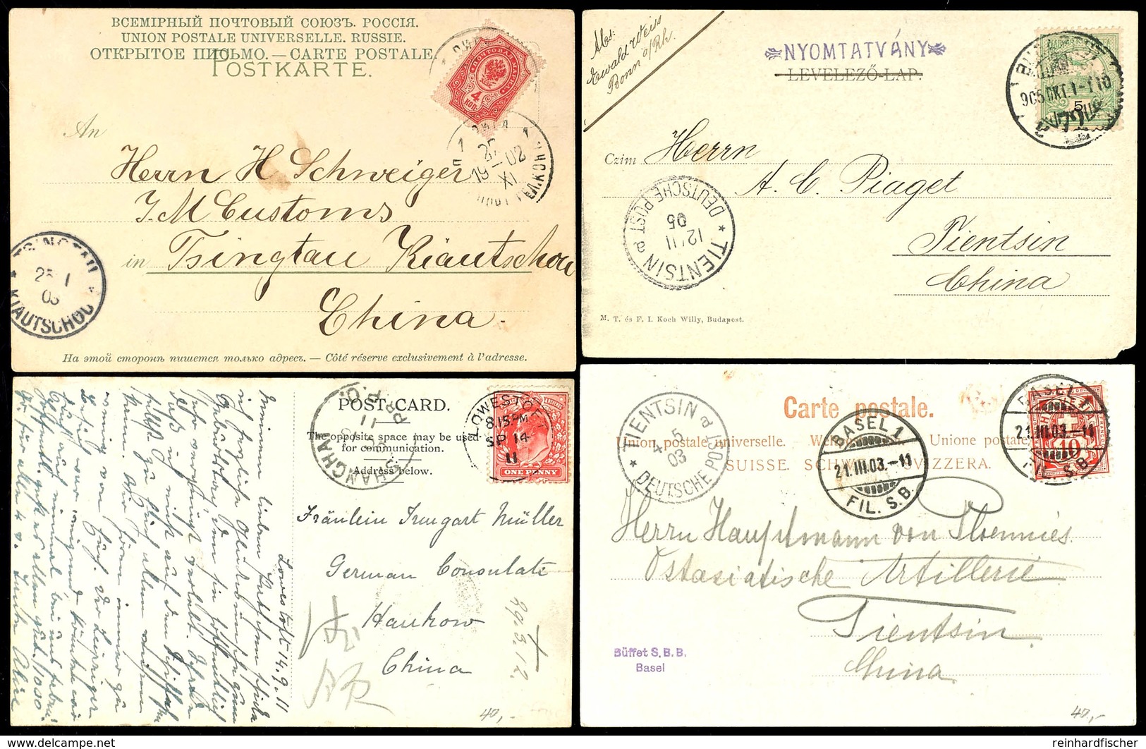 4 Karten Aus England, Russland, Schweiz Und Ungarn Nach China, Pracht  BF - Deutsche Post In China