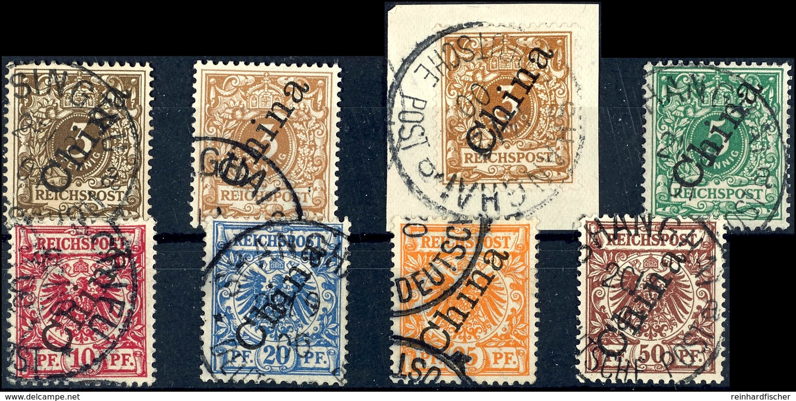 3 Bis 50 Pfennig Gestempelt Pracht, 3 Pfennig Type C Luxusbriefstück, 25 Pfennig Dunkelorange, Michel  260,-, Katalog: 1 - Deutsche Post In China