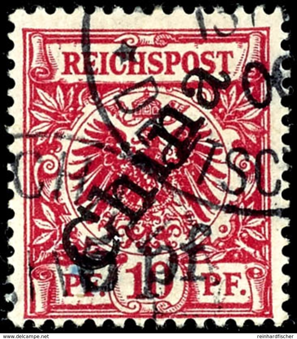 5 Pf. Auf 10 Pf. Krone/Adler Mit Steilaufdruck "China";  Tadellos Gestempelt "(FUTS)CHAU 13/11 0(0)", Fotoattest Jäschke - Deutsche Post In China