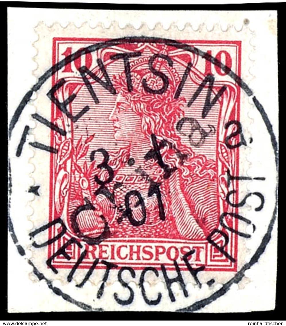 10 Pfg. Germania Mit Handstempelaufdruck, Mit Zentrischem Und Vollem Ekr. "TIENTSIN 3/1/01" Auf Briefstück, Kabinett, Si - Deutsche Post In China