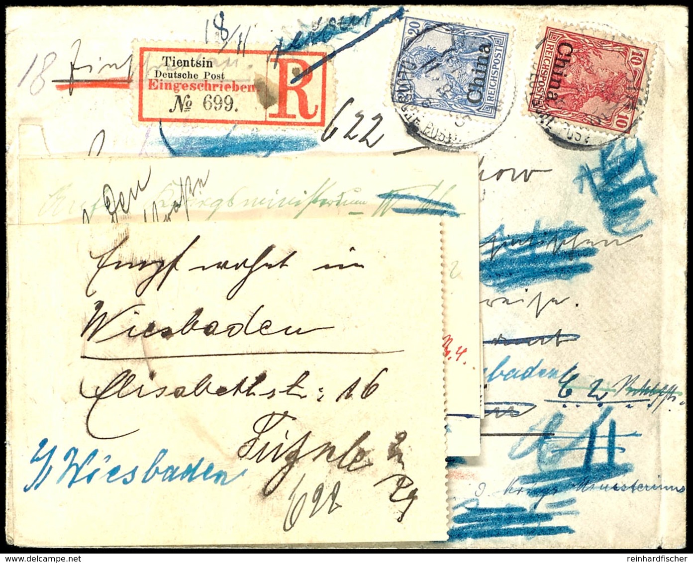 10 Und 20 Pfg Germania Auf Portogerechtem R-Brief Von "TIENTSIN B 11/8/05" An Oberstleutnant Von Tresckow Nach Berlin, D - Deutsche Post In China