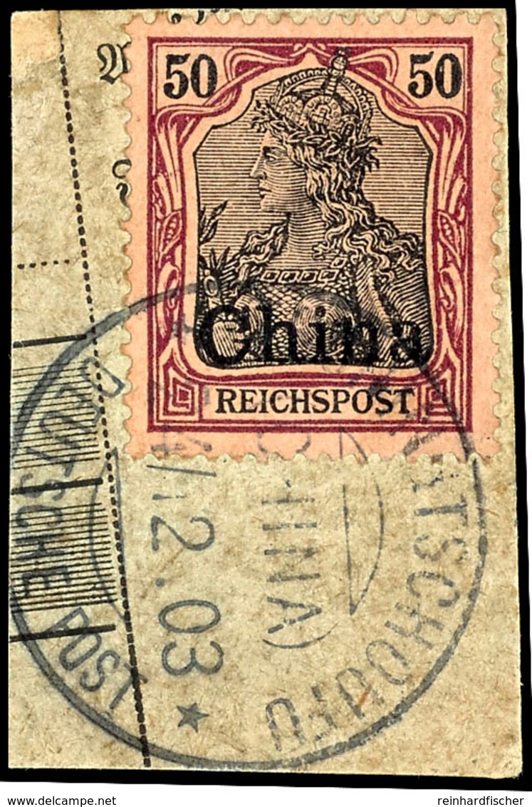 TSCHINGTSCHOUFU (CHINA) 24/12 03, Klar Auf Paketkartenausschnitt 50 Pfg. Reichspost, Katalog: 22 BF - Chine (bureaux)