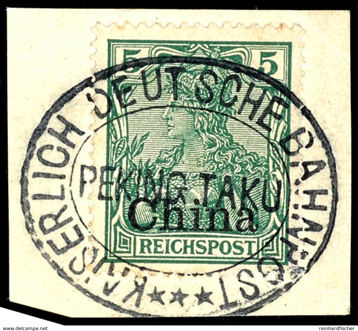 K.D.BAHNPOST PEKING TAKU ***, Gefälligkeitsstpl. Ideal Klar Auf Briefstück 5 Pfg. Reichspost, Katalog: 16 BS - Chine (bureaux)