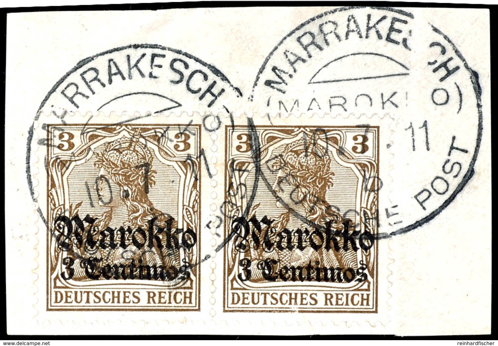 MARRAKESCH (KK) B 10.7.11 , 2mal  Klar Auf Briefstück Paar 3 C. Germania, Katalog: 46(2) BS - Deutsche Post In Marokko