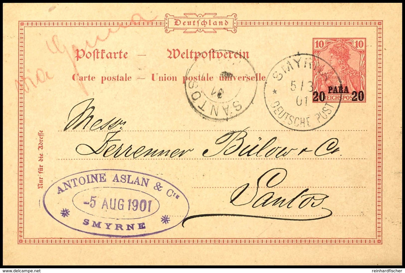 20 Para A. 10 Pfg, GS-Postkarte Mit Stempel "SMYRNA DP A 5 / 8 01" Via Genua Nach Santos/Brasilien. Für Eine Bei Den Deu - Turquie (bureaux)