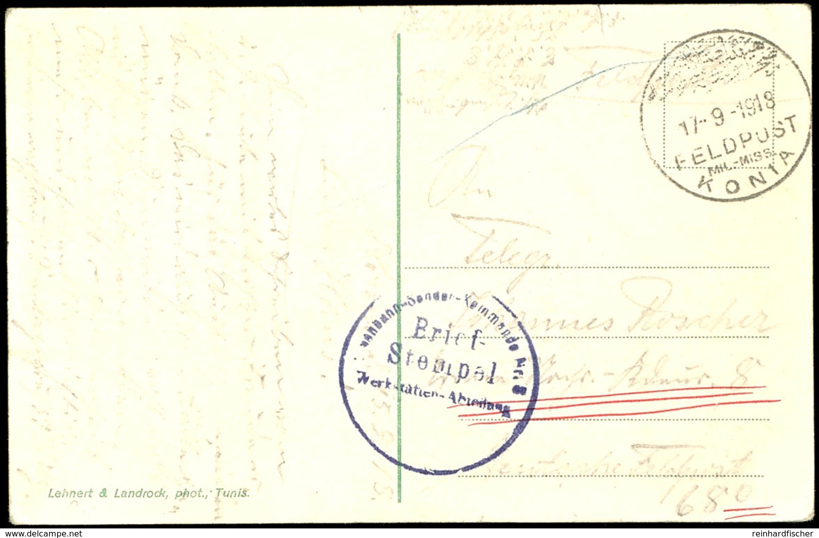 "KONIA 17.91918" Mit Nebenstempel "Eisenbahn-Sonder-Kommando Nr. 8 / Werkstätten-Abteilung" Auf Ansichtskarte "Tunis / R - Deutsche Post In Der Türkei