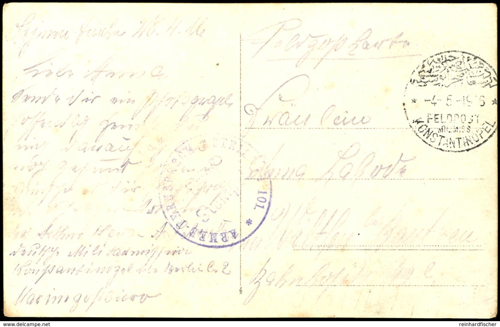 "KONSTANTINOPEL 4.5.1916" Mit Nebenstempel "ARMEE-FERNSPRECH-ABTEILUNG * 101" Auf Bildpostkarte "Constantinopel/Quai De  - Deutsche Post In Der Türkei