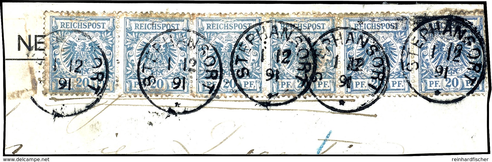 20 Pfg. Krone /Adler Mittelultramarin, Waager 6er-Streifen Auf Briefstück (rechts Zahnmgl., Durch Tropeneinflüsse Etwas  - Deutsch-Neuguinea