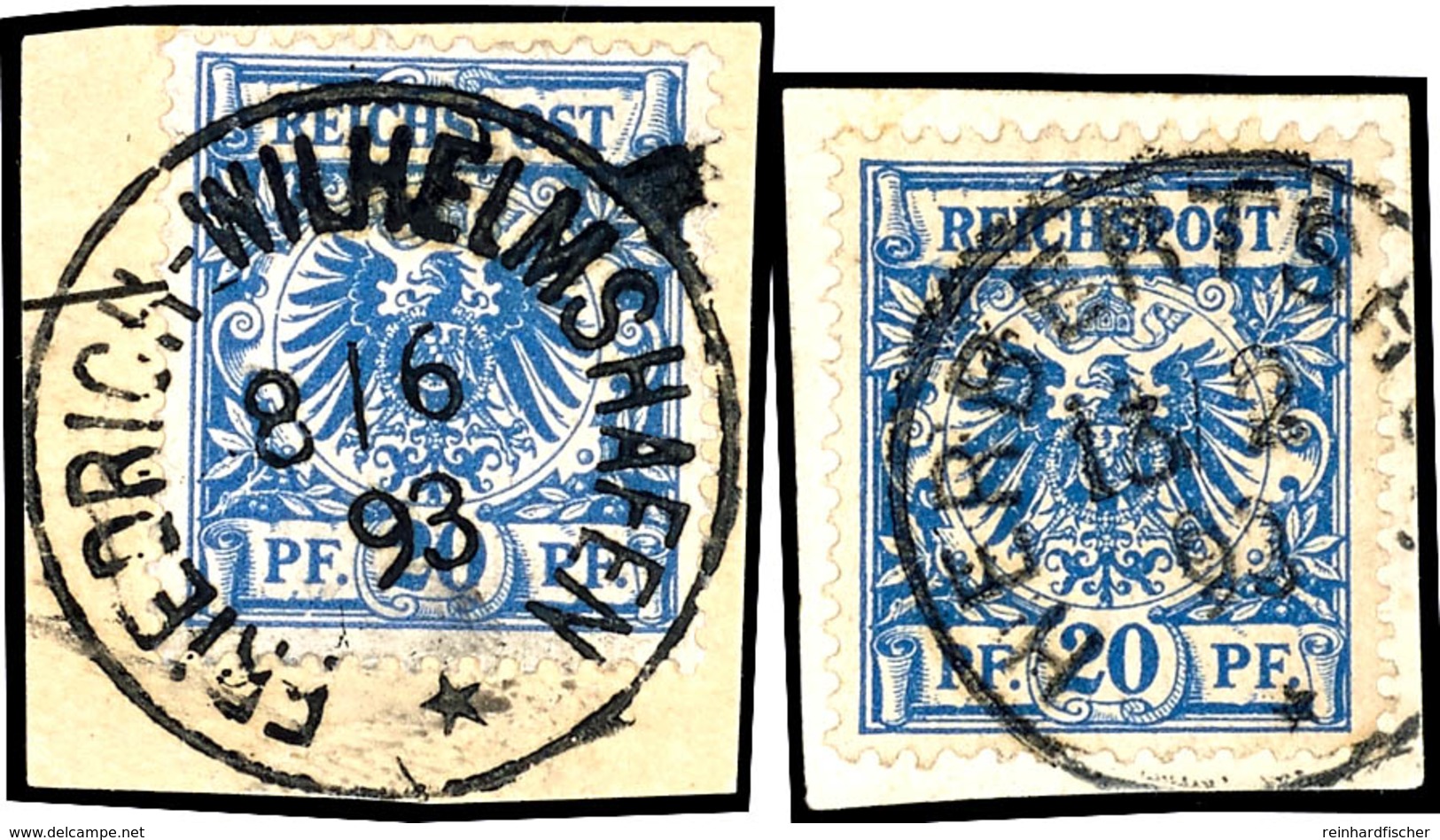 20 Pfg. Krone /Adler Blau, 2 Briefstücke, Klar Gest. FRIEDRICH-WILHELMSHAFEN 8/6 93, Bzw. HERBERTSHÖH 13/2 93, Dr. Steue - Deutsch-Neuguinea