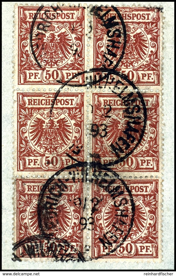 50 Pfg. Krone /Adler Braunrot, Senkr. 6er-Block Auf Briefstück, Klar Paarweise Gest. FRIEDRICH-WILHELMSHAFEN 9/2 93, Mi. - Deutsch-Neuguinea