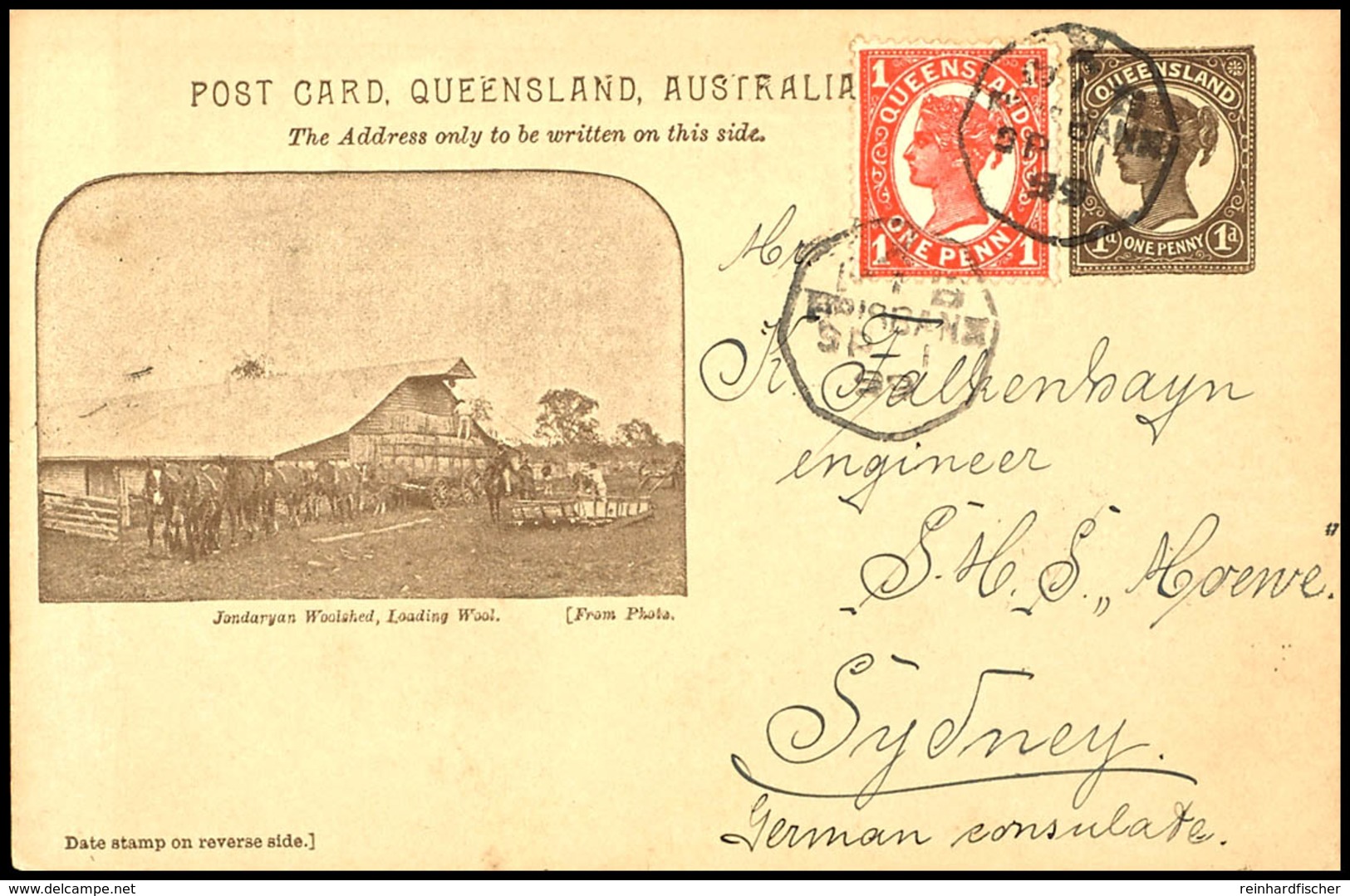 Incoming Mail: 1899, Bildpostkarte Queensland/Australien 1d Mit Zus.-Frankatur 1d, Ab Brisbane, Adressiert An "K. Falken - Nouvelle-Guinée