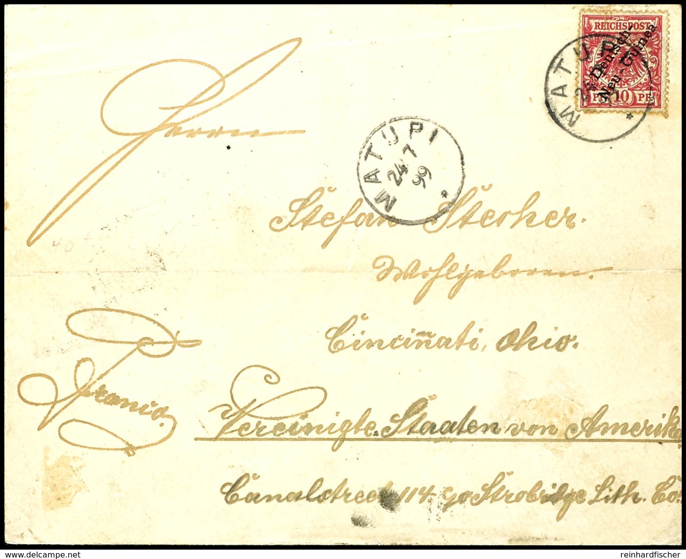 10 Pfg Krone/Adler Mit Aufdruck , Stempel MATUPI 24/7 99, Auf Auslandsdrucksache Via Sydney Nach USA. Absender: "H. Adom - Deutsch-Neuguinea