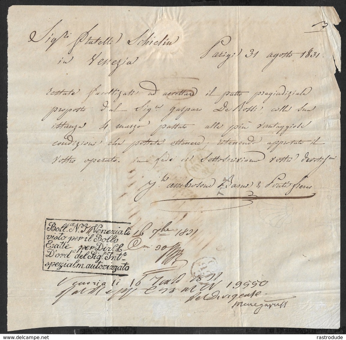 1831 - PARIS A VENEZIA - C.à.d 31 Aout 1831 -  L.F (Lettre Française) , Oct. 60/P.P/C - PORT PAYÉ - 1801-1848: Precursors XIX