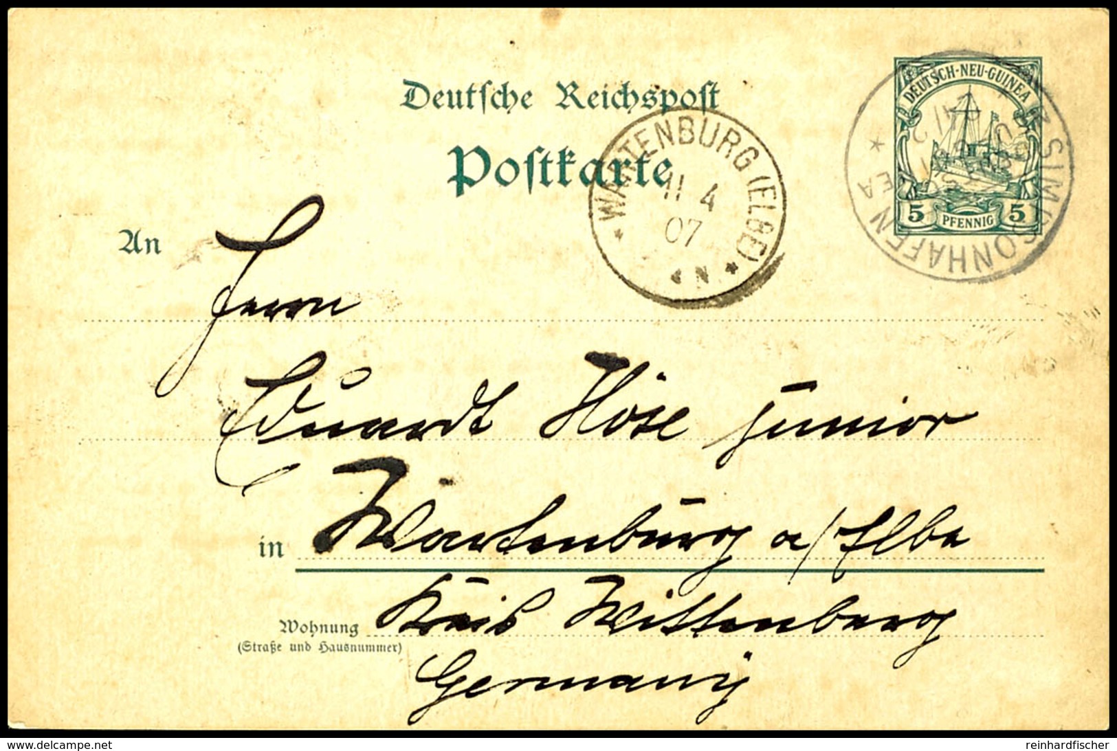 5 Pfg Kaiseryacht -Karte, Stempel SIMPSONHAFEN 24/2 07, Nach Wartenburg/Elbe. Geringe Patina, Katalog: P8 BF - Deutsch-Neuguinea