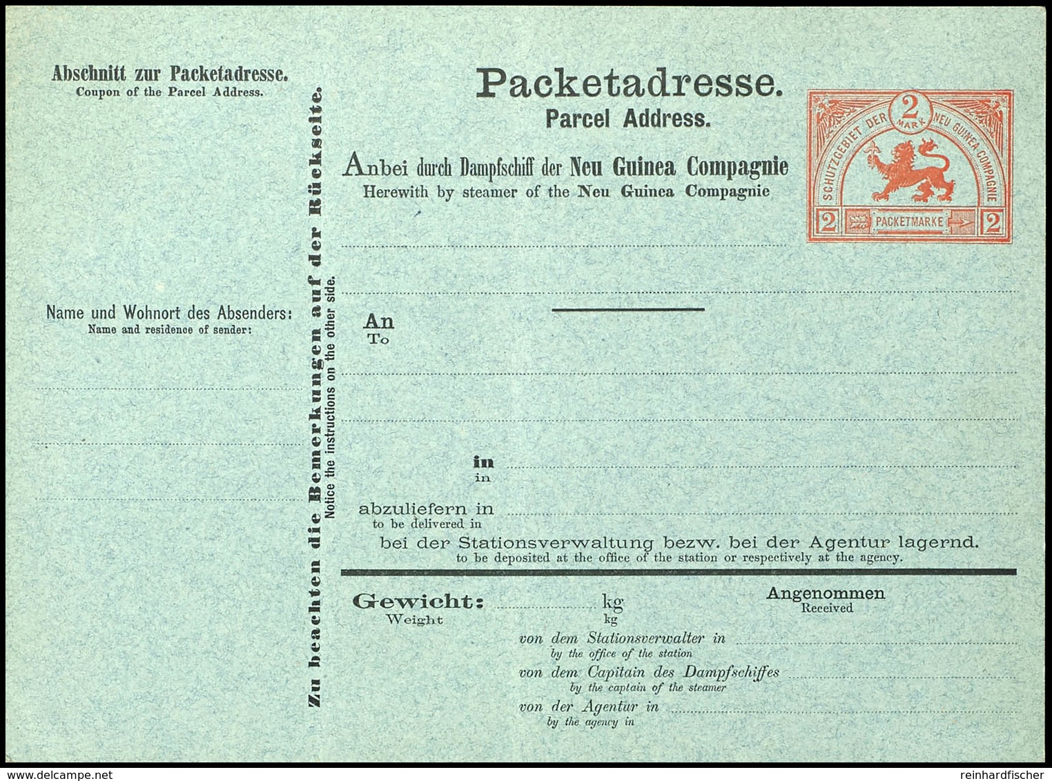 2 Mark, Paketkarte Der Neu Guinea Compagnie, Ungebraucht (senkr. Gefaltet), Mi. 400,-, Katalog: V1 GA - Deutsch-Neuguinea