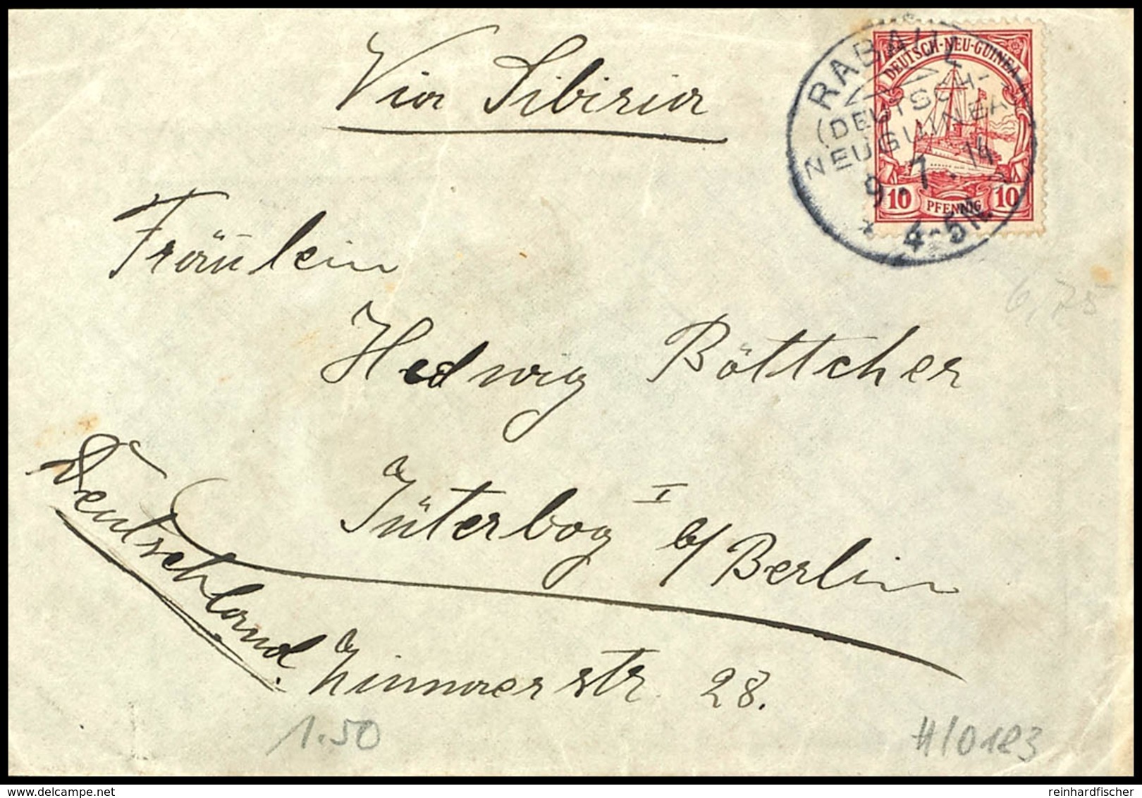 Postverkehr Im 1. Weltkrieg, 10 Pfennig Kaiseryacht Gestempelt RABAUL DEUTSCH-NEUGUINEA 9.7.14 Auf Prachtbrief, Via Sibi - Deutsch-Neuguinea