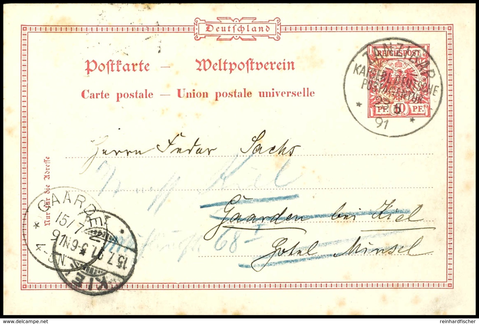 10 Pfg Germania Ganzsachenkarte Mit Entwertung "ZANZIBAR KAISERL DEUTSCHE POSTAGENTUR 23 6 91 **" Nach Kiel, Geschrieben - Deutsch-Ostafrika