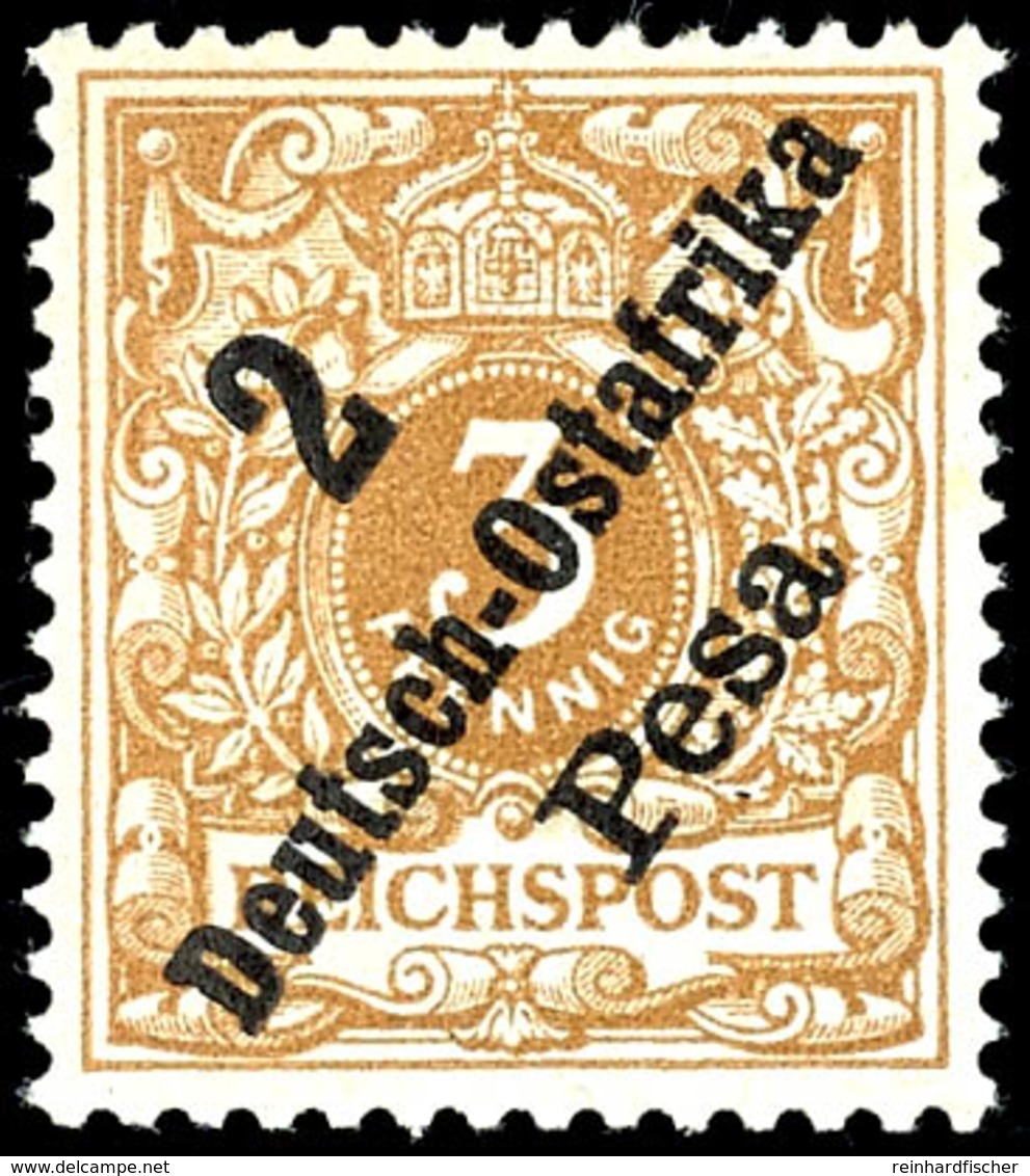 2 Pesa Auf 3  Pfg. Krone/Adler Hellockerbraun, Postfrisch, Gepr. Bothe BPP, Mi. 120,-, Katalog: 6b ** - Deutsch-Ostafrika