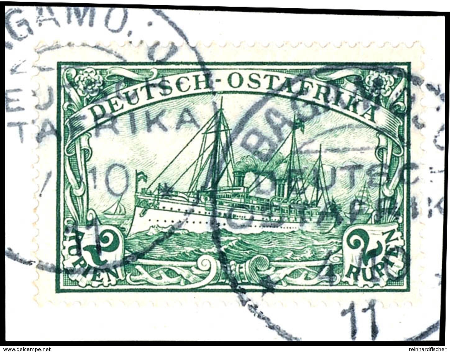 2 Rp. Schiffszeichnung Auf Briefstück, Klarer K1 "BAGAMOJO 4/10 11", Sign. Richter, Mi. 100,-, Katalog: 20 BS - Deutsch-Ostafrika