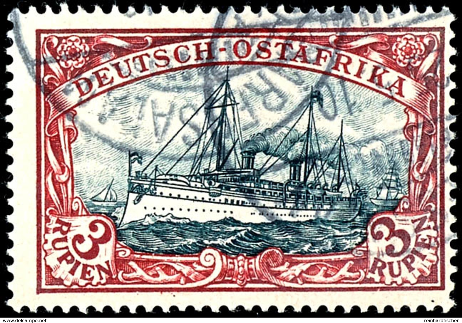 3 Rupien Plattenfehler II (Retusche In Der Wolke), Gestempelt, Kabinett, Michel 550,-, Katalog: 21II O - Deutsch-Ostafrika