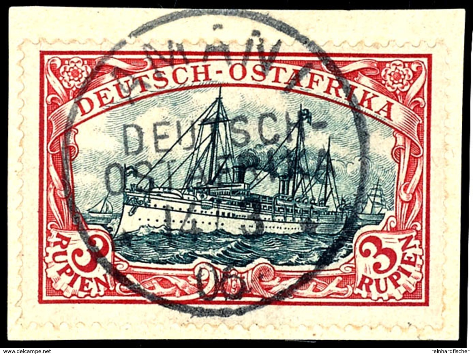 3 Rupien Schiffszeichnung Auf Briefstück, Zentr. Klar "AMANI 14/3 06", Gepr. Pfenninger, Mi. 230,-, Katalog: 23b BS - Afrique Orientale