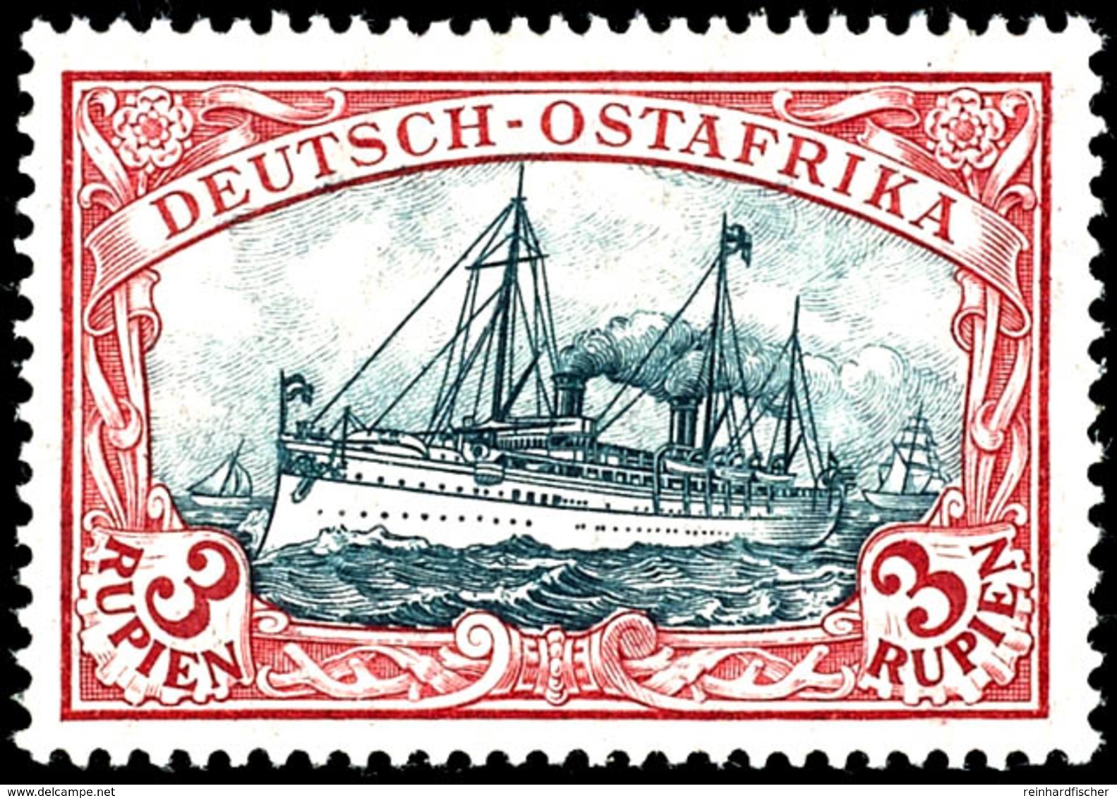 3 R. Kaiseryacht, Type IA Dunkelkarminrot, Tadellos Postfrisch, Unsigniert, Kabinett, Neues Fotoattest Jäschke-Lantelme  - Deutsch-Ostafrika