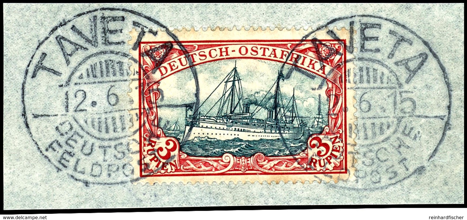 3 Rupien Auf Briefstück, 2 Vollständige Feldpoststempel TAVETA, Luxusstück, Für Hohe Ansprüche, Michel 300,- ++ , Gepr.  - Deutsch-Ostafrika