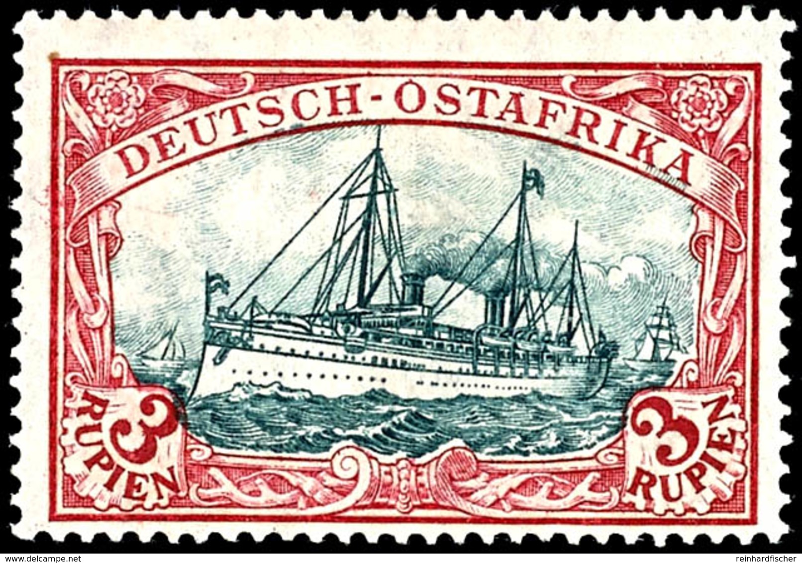 3 Rupien Kaiseryacht Kriegsdruck, Zähnung 26:17, Mittelstück Type II Tadellos Ungebraucht, Dopp. Tiefst Gepr. Pfenninger - Deutsch-Ostafrika