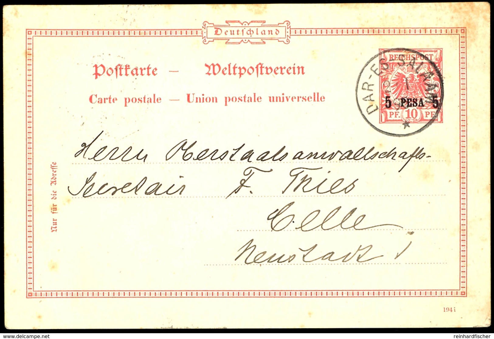 5 Pesa Auf 10 Pfg Krone/Adler, Ganzsachenkarte Von "Dar-Es-Salaam 2.1.95" Nach Celle, Beförderungsspuren, Umfangreicher  - Deutsch-Ostafrika