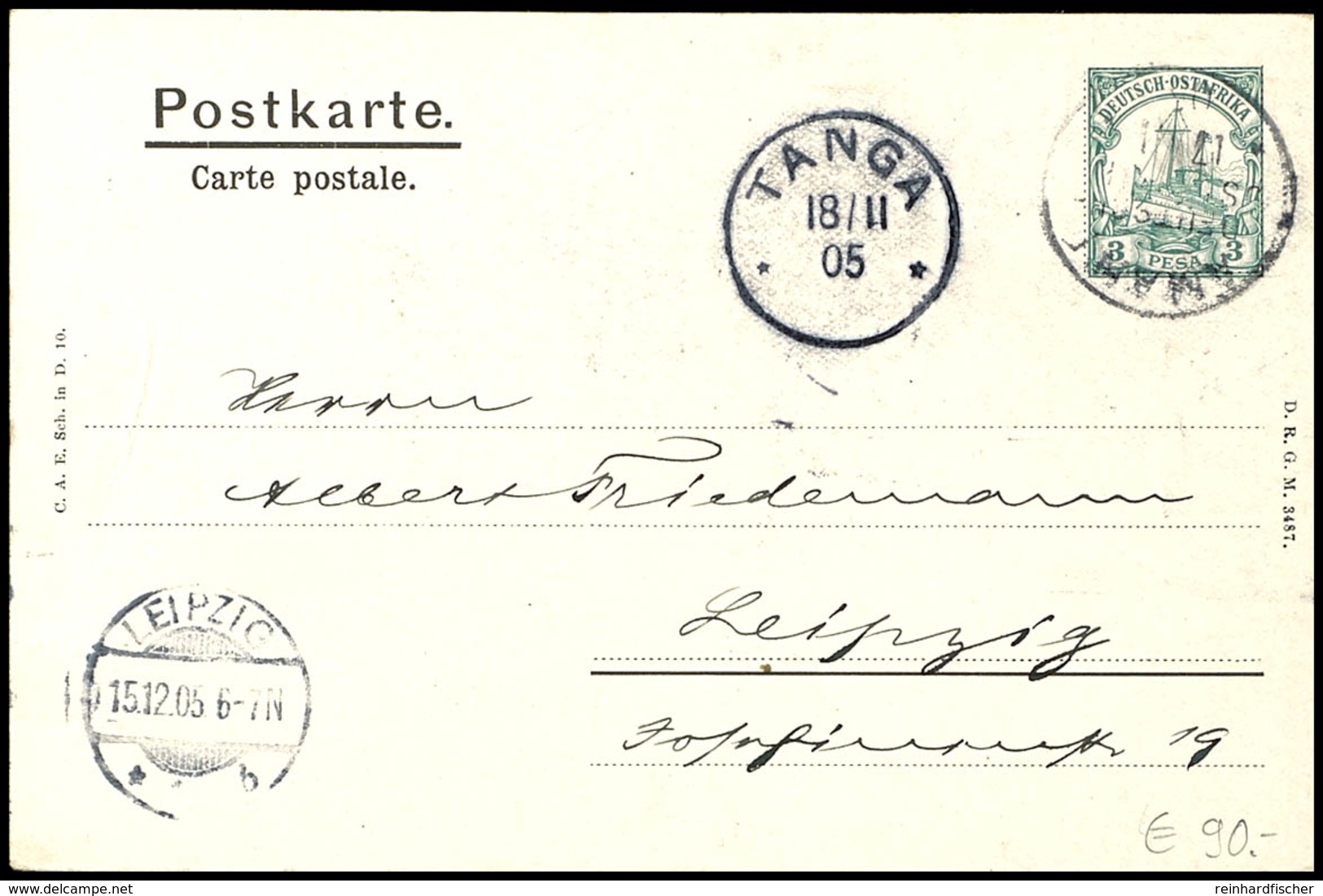 3 Pesa Schiffszeichnung, Privat-Ganzsachenkarte Von "AMANI 17/II 05" An Albert Friedemann, Leipzig Mit Ank.Stpl., Katalo - Afrique Orientale
