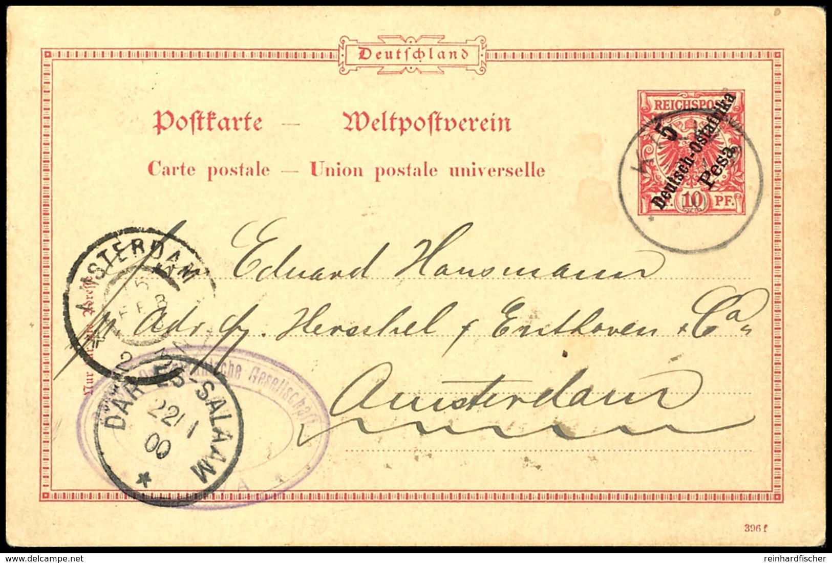 5 P. Auf 10 Pfg Krone/Adler, Postkarte Von "KILWA 22/1 00" Nach Amsterdam Mit Ankunftsstempel, Minimal Fleckig, Gutes Be - Deutsch-Ostafrika