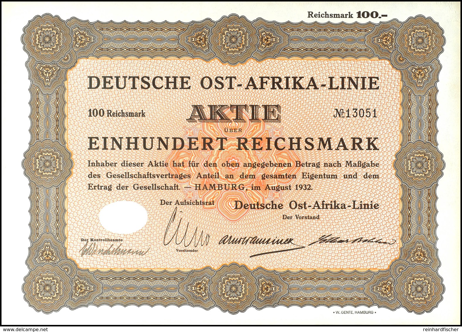 Aktie Der Deutschen Ost-Afrika-Linien über 100 Reichsmark, Hamburg August 1932 (ungefaltet) - Deutsch-Ostafrika