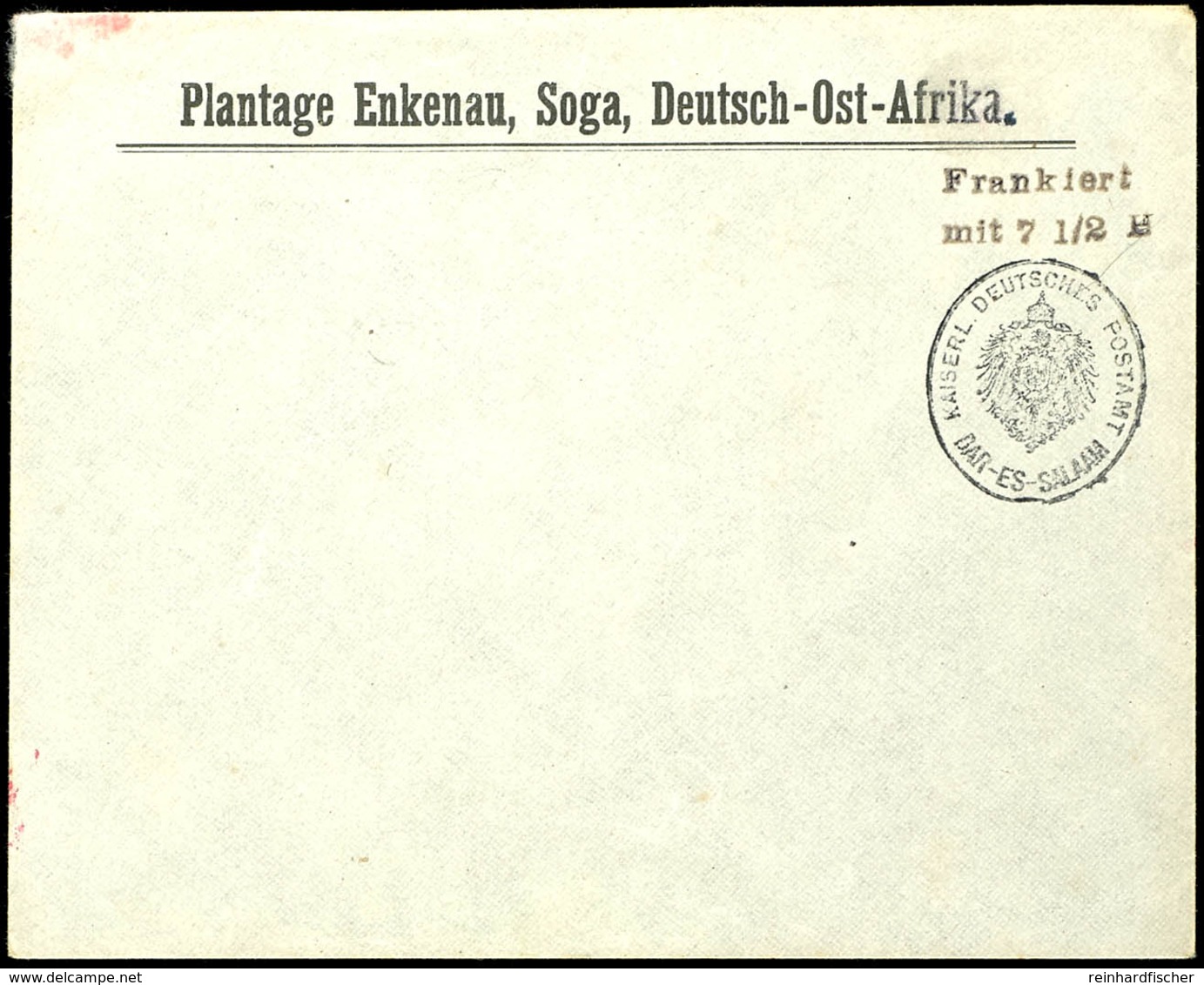 Vorausfrankatur Dienstsiegel "KAISERL. DEUTSCHES POSTAMT DAR-ES-SALAAM", L2 "Frankiert / Mit 7 1/2 H." Schwarzviolett, F - Deutsch-Ostafrika