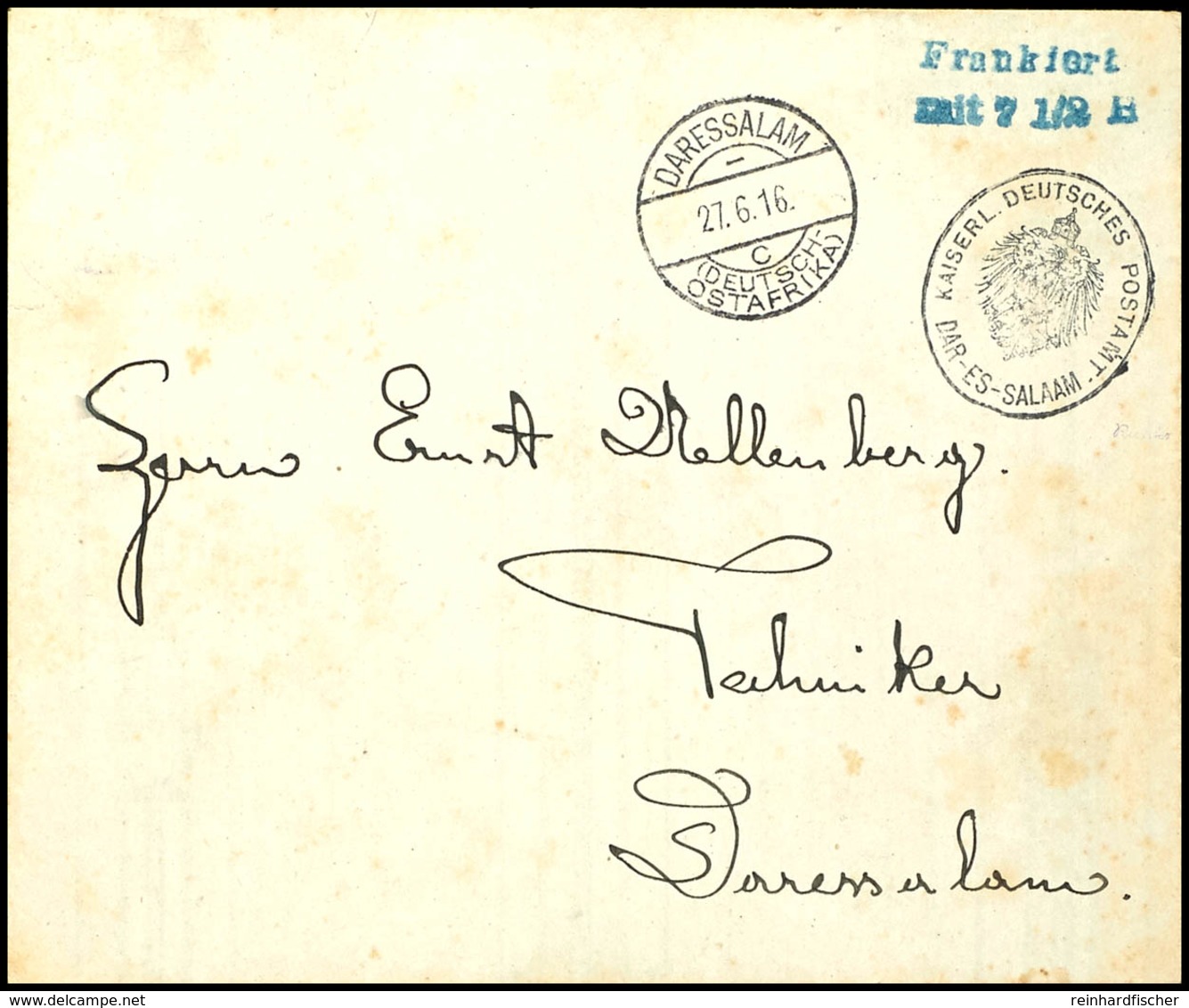 Vorausfrankatur Dienstsiegel "KAISERL. DEUTSCHES POSTAMT DAR-ES-SALAAM", L2 "Frankiert / Mit 7 1/2 H." Blau, Als Ortsbri - Deutsch-Ostafrika