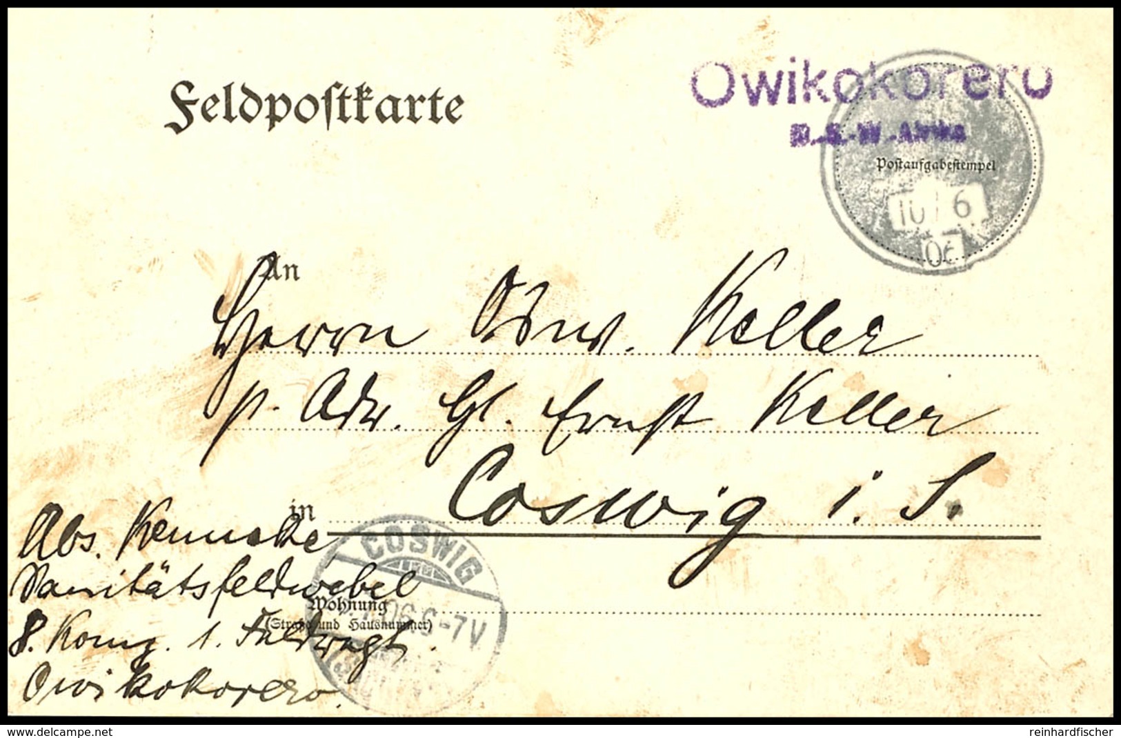 OWIKOKORERO D.S.W.Afrika,  Feldpostkarte Mit Violettem Gummistempel Und Schwarzem Petschaftsstempel, Bedarfsstück Nach D - Deutsch-Südwestafrika