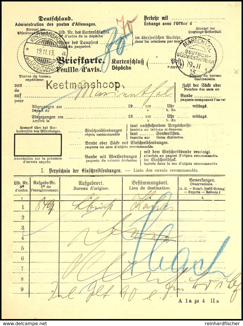 Briefkarte Von Keetmanshoop Nach Mariental, Formular A 1 A Zu 4  II A, Stempel Mariental Auf Ganzstück, Selten, Vorzügli - Deutsch-Südwestafrika