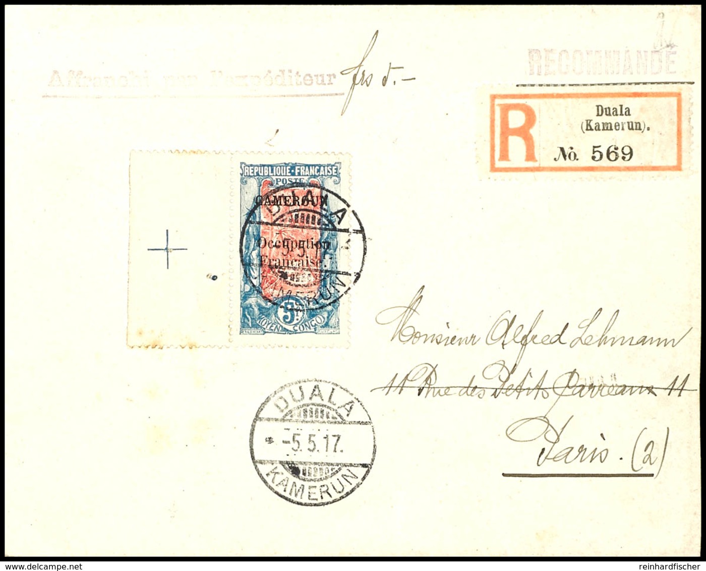 Französische Besetzung Von Kamerun Nr. 37-46 Auf 3 Gelaufenen Einschreibebriefen Nach Paris 1917 Und 1918, Weiterverwend - Kamerun