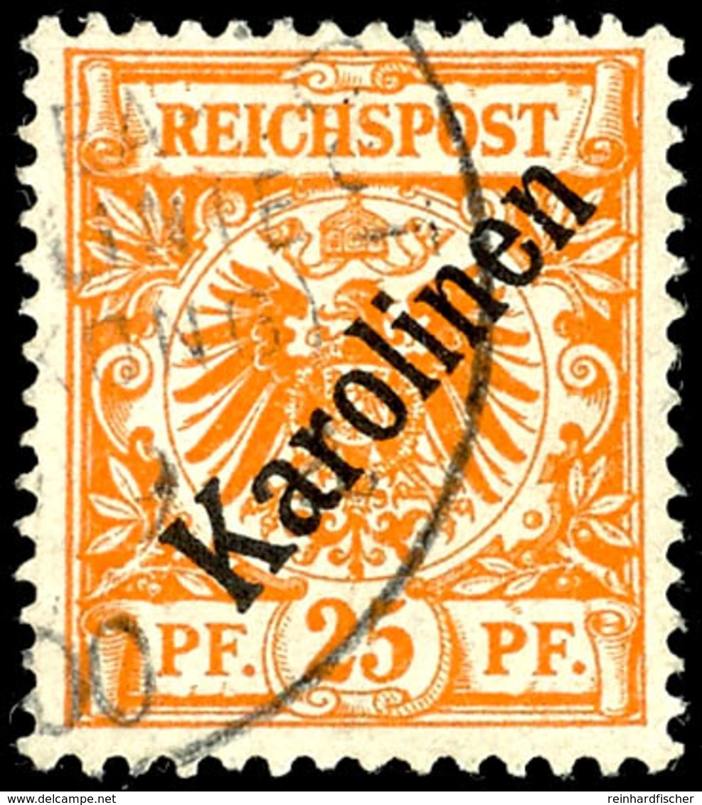 25 Pf Diagonalaufdruck Tadellos Gestempelt "DEUTSCHE SEEPOST NEU-GUINEA-ZWEIGLINIE * A (HONGKONG) .. 9 00", Dopp. Tiefst - Karolinen