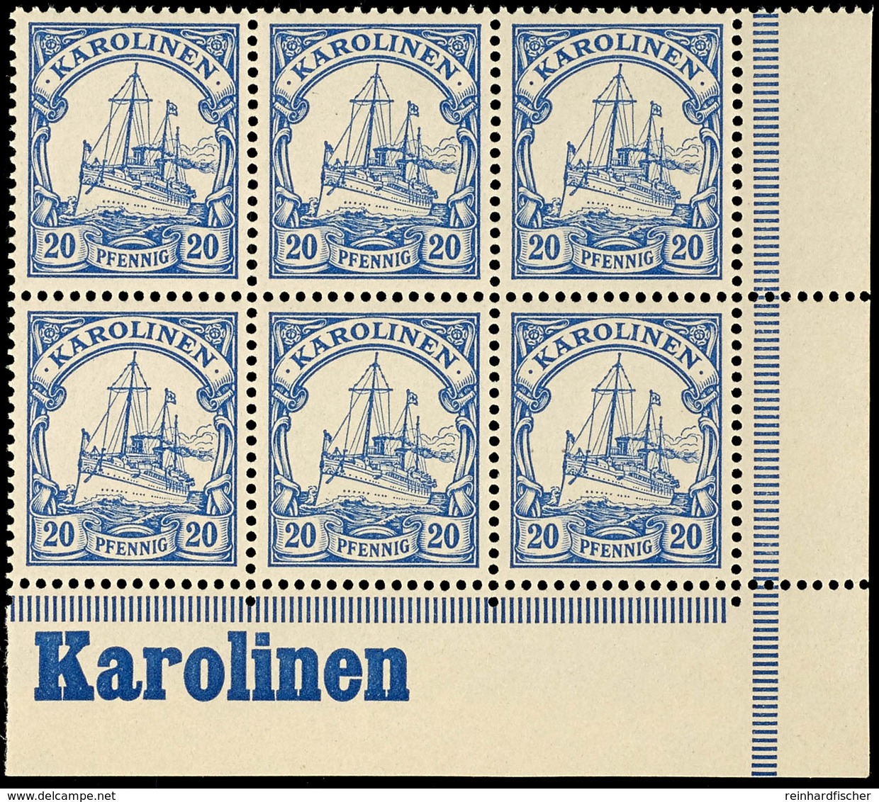 20 Pfg. Kaiseryacht, Waagerechter 6 Er - Block Aus Der Rechten Unteren Bogenecke Mit Inschrift "Karolinen", Postfrisch,  - Karolinen