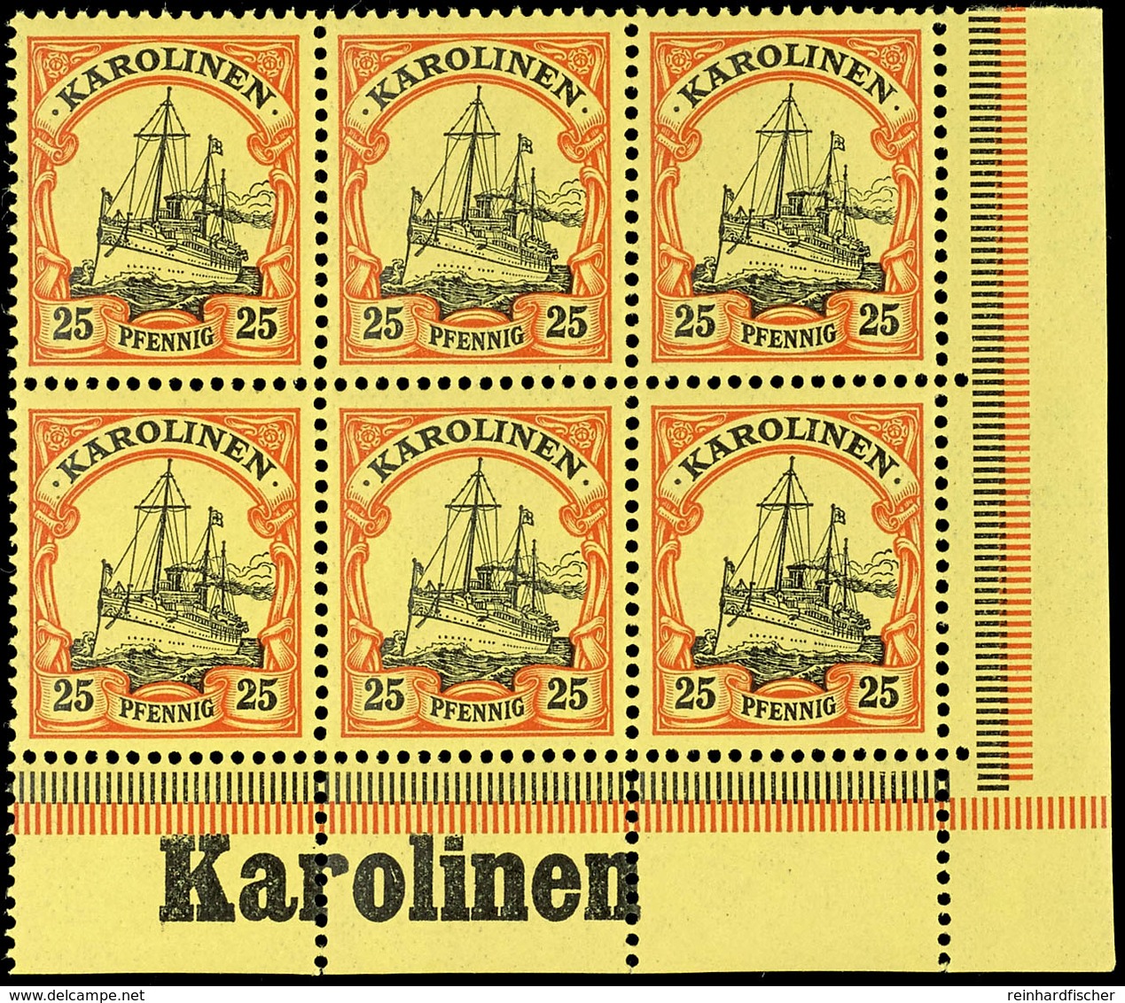 25 Pfg. Kaiseryacht, Waagerechter 6 Er  - Block Aus Der Rechten Unteren Bogenecke, Unten Inschrift " Karolinen", Postfri - Karolinen