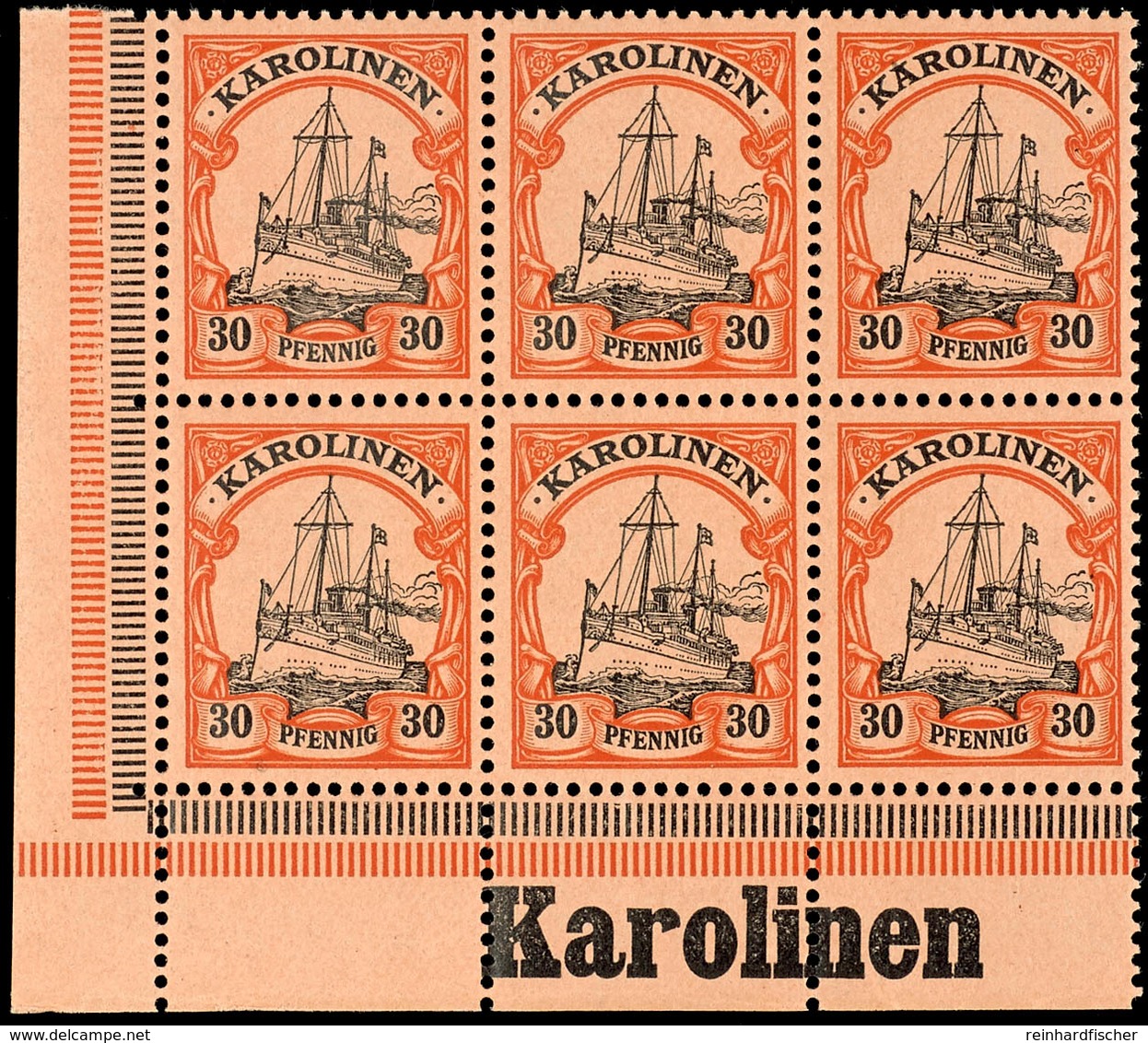30 Pfg. Kaiseryacht, Waagerechter 6 Er - Block Aus Der Linken Unteren Bogenecke, Im Unterrand Inschrift "Karolinen", Pos - Karolinen