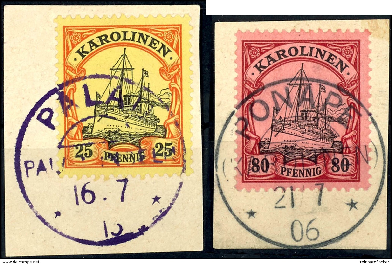 PALAU 16.7.13 (violett) Bzw. PONAPE 21.7 06, Klar Auf Briefstück 25 Bzw. 80 Pfg. Schiffszeichnung, Katalog: 11,15 BS - Karolinen